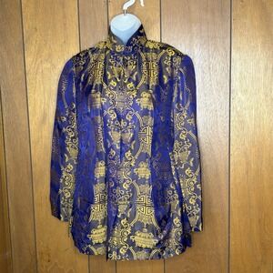 Vintage Shanghai Tang Womens Silk Jacket 10 Blue Gold Baroque Y2K Mandarin Frog